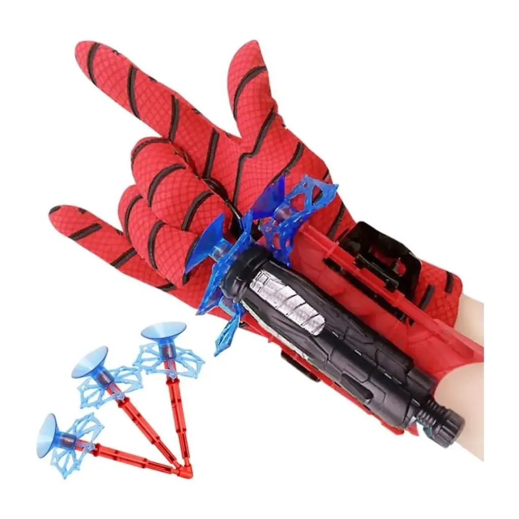 Spider Shoot Rokavica z rdečimi mrežastimi vzorci vključuje igračo za izstreljevanje izstrelkov z modrimi priseski in ima tri dodatne izstrelke za akcijsko zabavo.