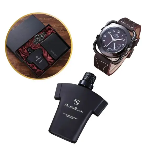 Moški modni set Tavros, ki vključuje uro, denarnico in parfum, predstavljen v elegantni črni škatli z rdečo notranjostjo.